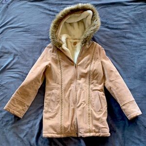 Soft sueded leather hooded jacket with faux fur